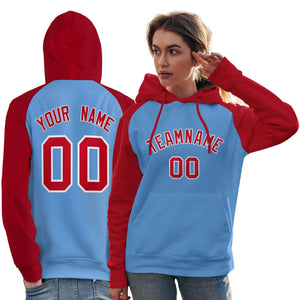 Custom Stitched Powder Blue Red Raglan Sleeves Sports Pullover Sweatshirt Hoodie For Women