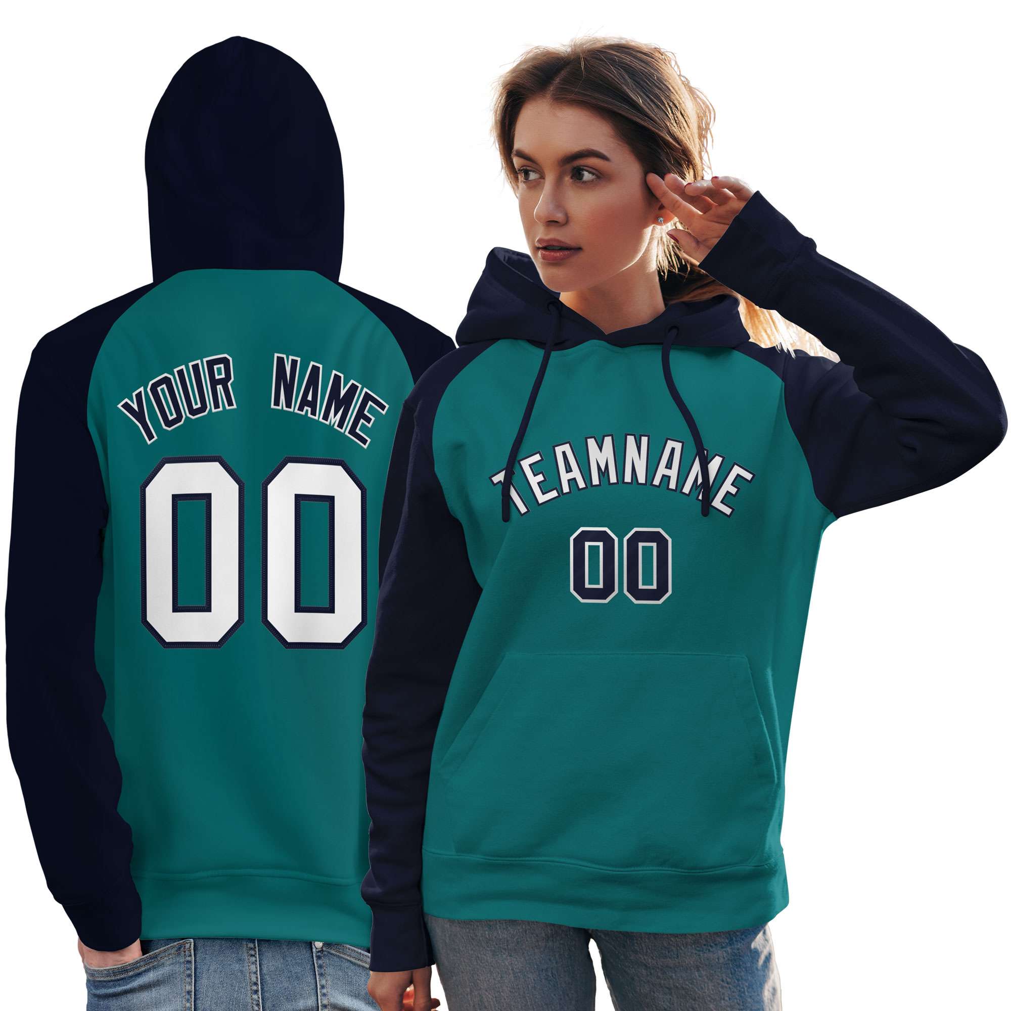 Custom Stitched Aqua Navy-White Raglan Sleeves Sports Pullover Sweatshirt Hoodie For Women