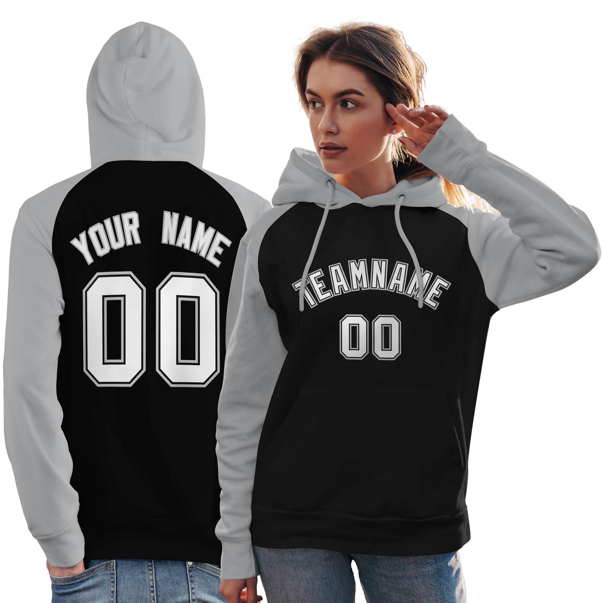 Custom Stitched Black Gray-White Raglan Sleeves Sports Pullover Sweatshirt Hoodie For Women