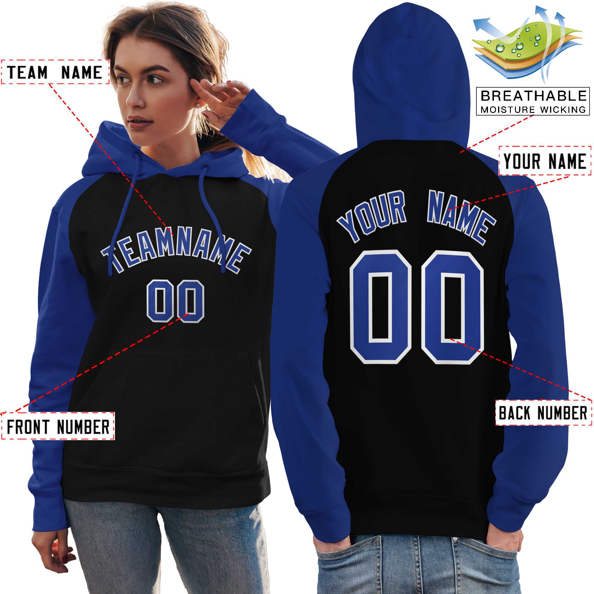 Custom Stitched Black Royal Raglan Sleeves Sports Pullover Sweatshirt Hoodie For Women