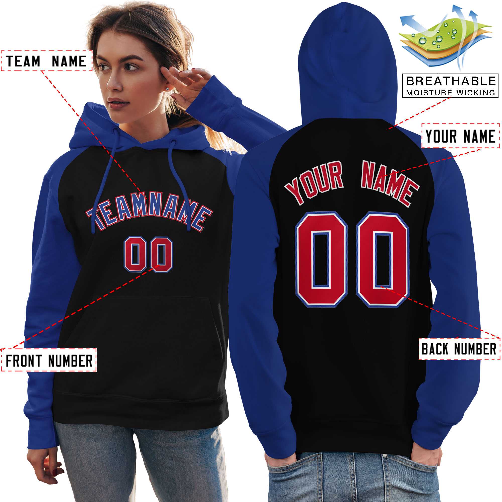 Custom Stitched Black Royal Raglan Sleeves Sports Pullover Sweatshirt Hoodie For Women