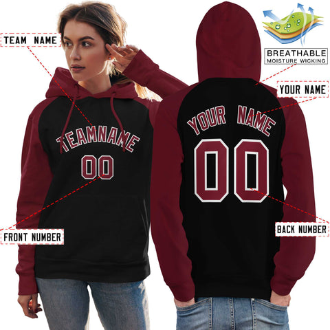 Custom Stitched Black Crimson Raglan Sleeves Sports Pullover Sweatshirt Hoodie For Women