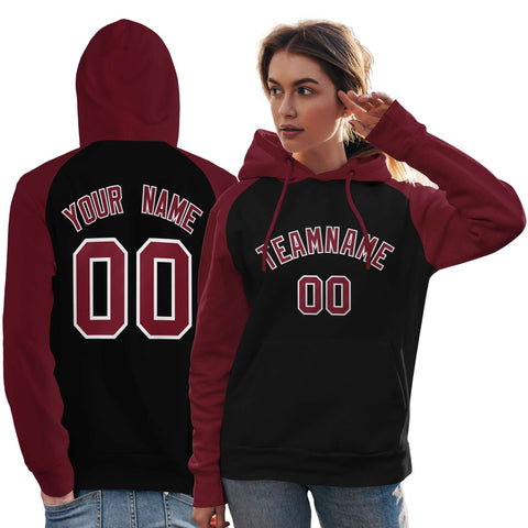 Custom Stitched Black Crimson Raglan Sleeves Sports Pullover Sweatshirt Hoodie For Women