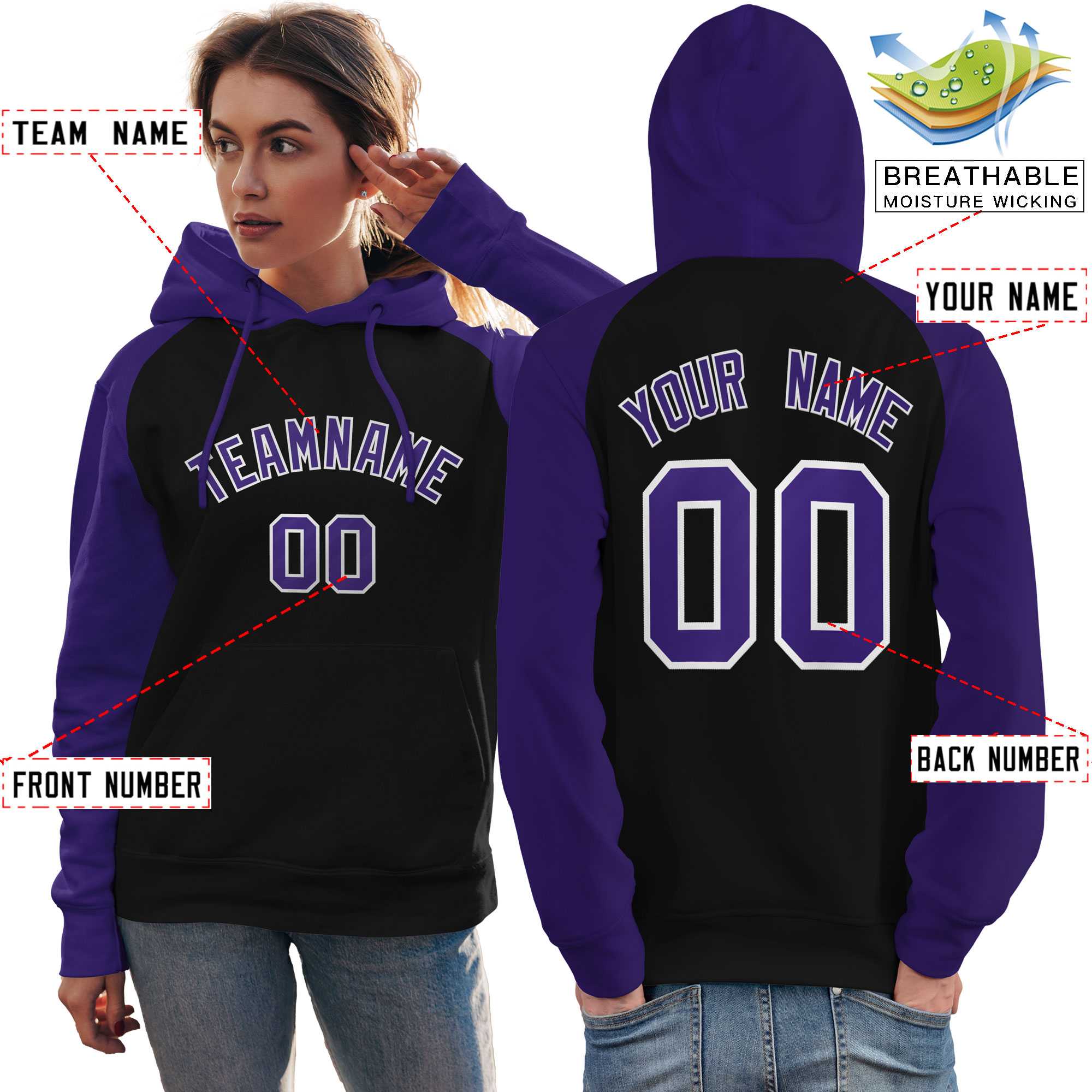 Custom Stitched Black Purple Raglan Sleeves Sports Pullover Sweatshirt Hoodie For Women