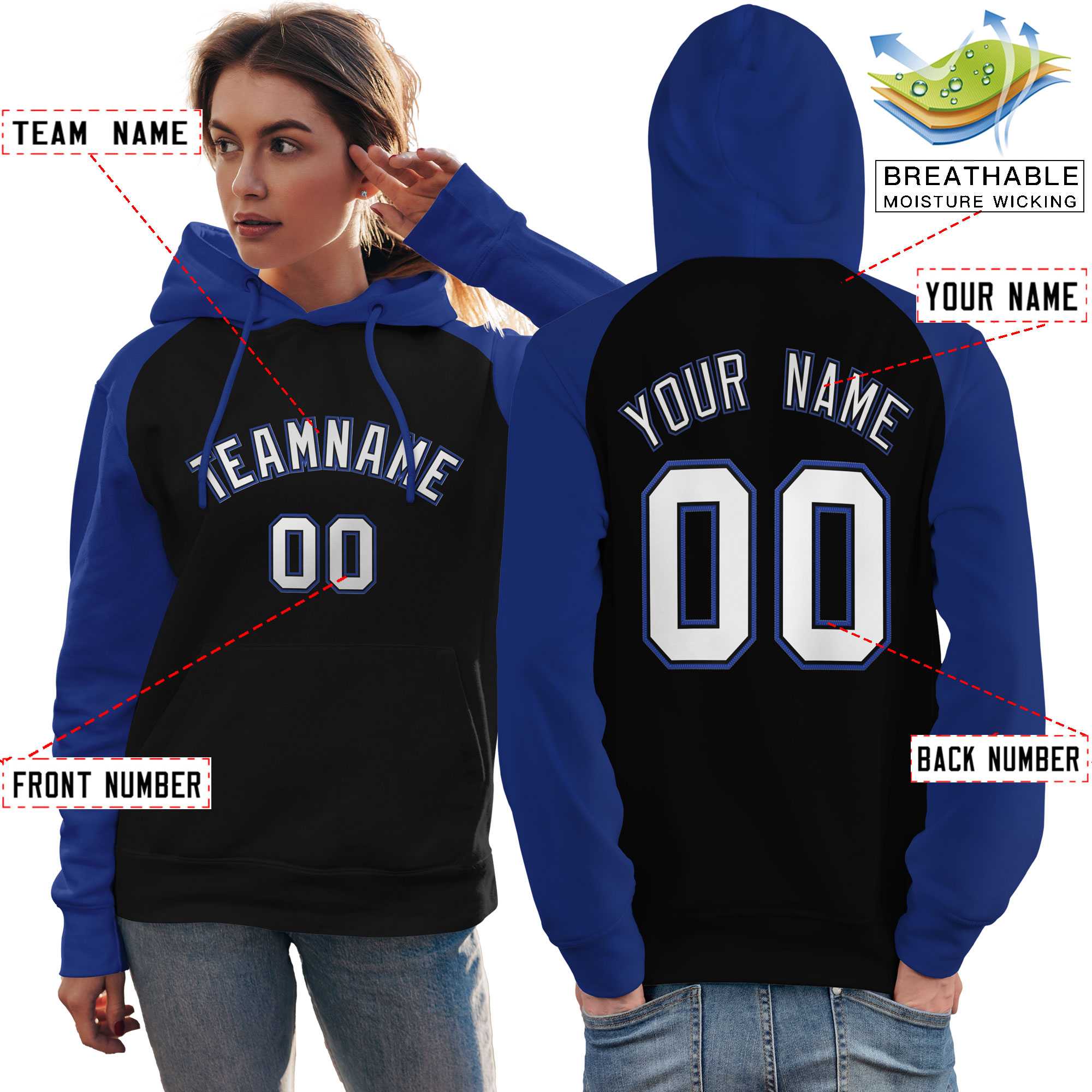 Custom Stitched Black Royal-White Raglan Sleeves Sports Pullover Sweatshirt Hoodie For Women