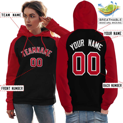 Custom Stitched Black Red Raglan Sleeves Sports Pullover Sweatshirt Hoodie For Women