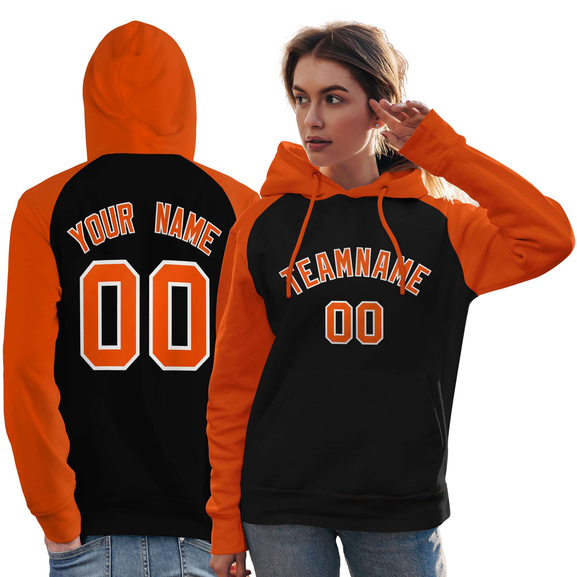 Custom Stitched Black Orange Raglan Sleeves Sports Pullover Sweatshirt Hoodie For Women