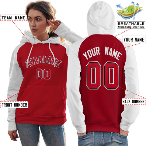 Custom Stitched Red White Raglan Sleeves Sports Pullover Sweatshirt Hoodie For Women