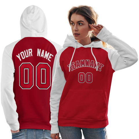 Custom Stitched Red White Raglan Sleeves Sports Pullover Sweatshirt Hoodie For Women
