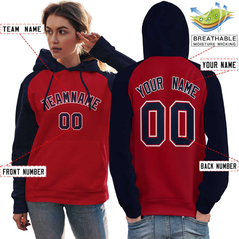 Custom Stitched Red Navy Raglan Sleeves Sports Pullover Sweatshirt Hoodie For Women