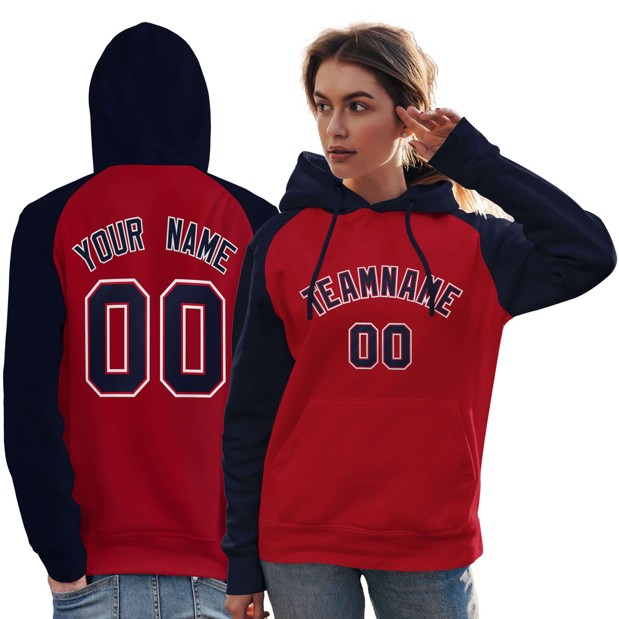 Custom Stitched Red Navy Raglan Sleeves Sports Pullover Sweatshirt Hoodie For Women