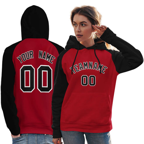 Custom Stitched Red Black Raglan Sleeves Sports Pullover Sweatshirt Hoodie For Women