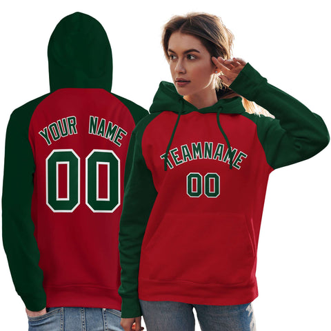 Custom Stitched Red Green Raglan Sleeves Sports Pullover Sweatshirt Hoodie For Women