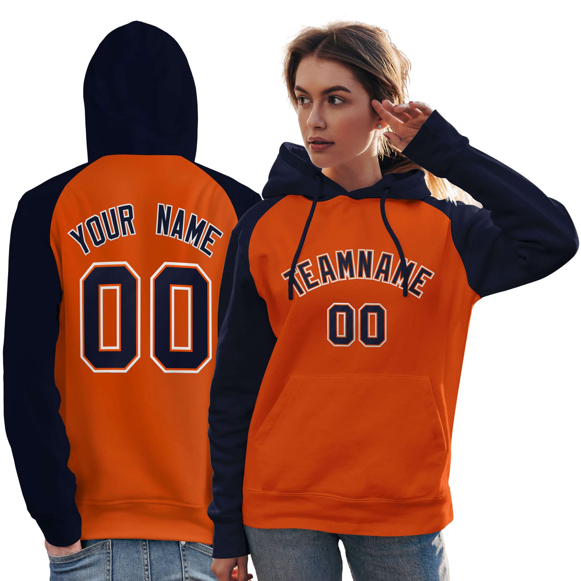 Custom Stitched Orange Navy Raglan Sleeves Sports Pullover Sweatshirt Hoodie For Women