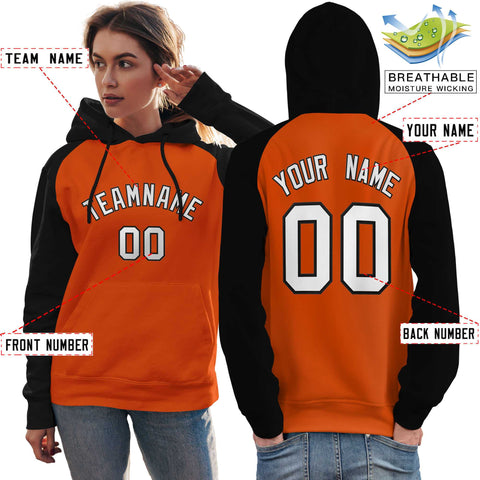 Custom Stitched Orange Black-White Raglan Sleeves Sports Pullover Sweatshirt Hoodie For Women