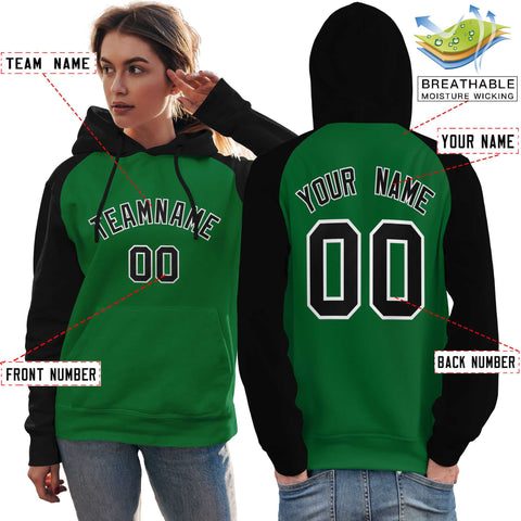 Custom Stitched Kelly Green Black Raglan Sleeves Sports Pullover Sweatshirt Hoodie For Women