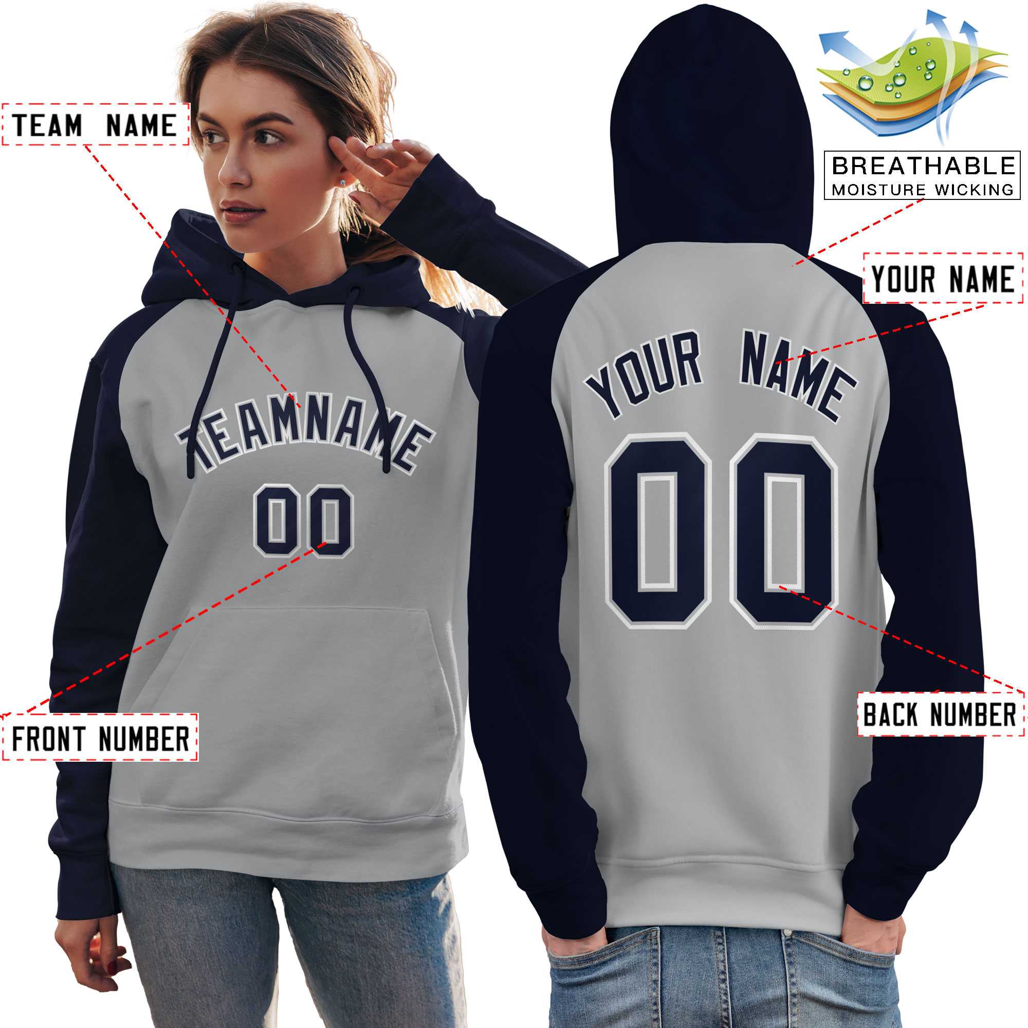 Custom Stitched Gray Navy Raglan Sleeves Sports Pullover Sweatshirt Hoodie For Women