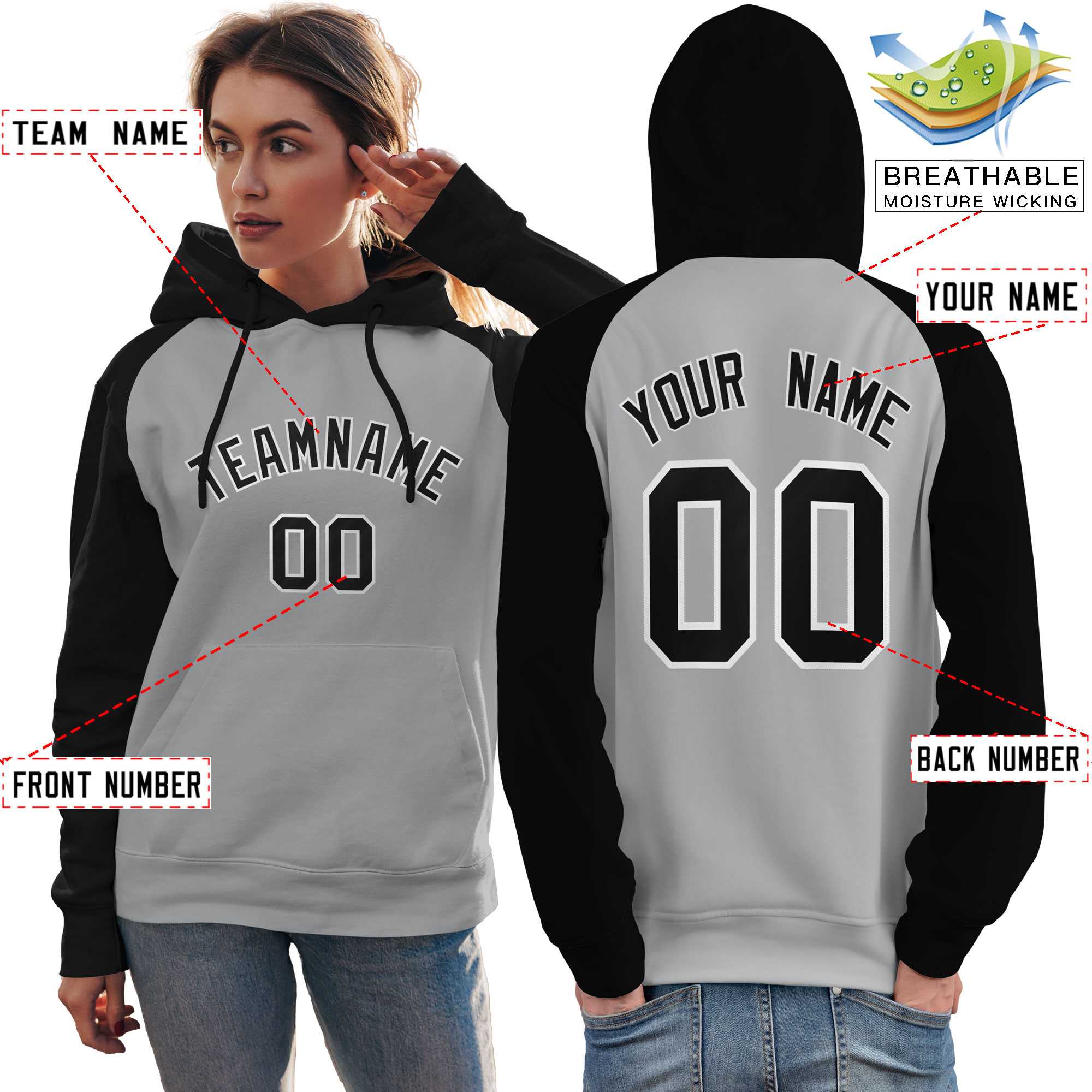 Custom Stitched Gray Black Raglan Sleeves Sports Pullover Sweatshirt Hoodie For Women