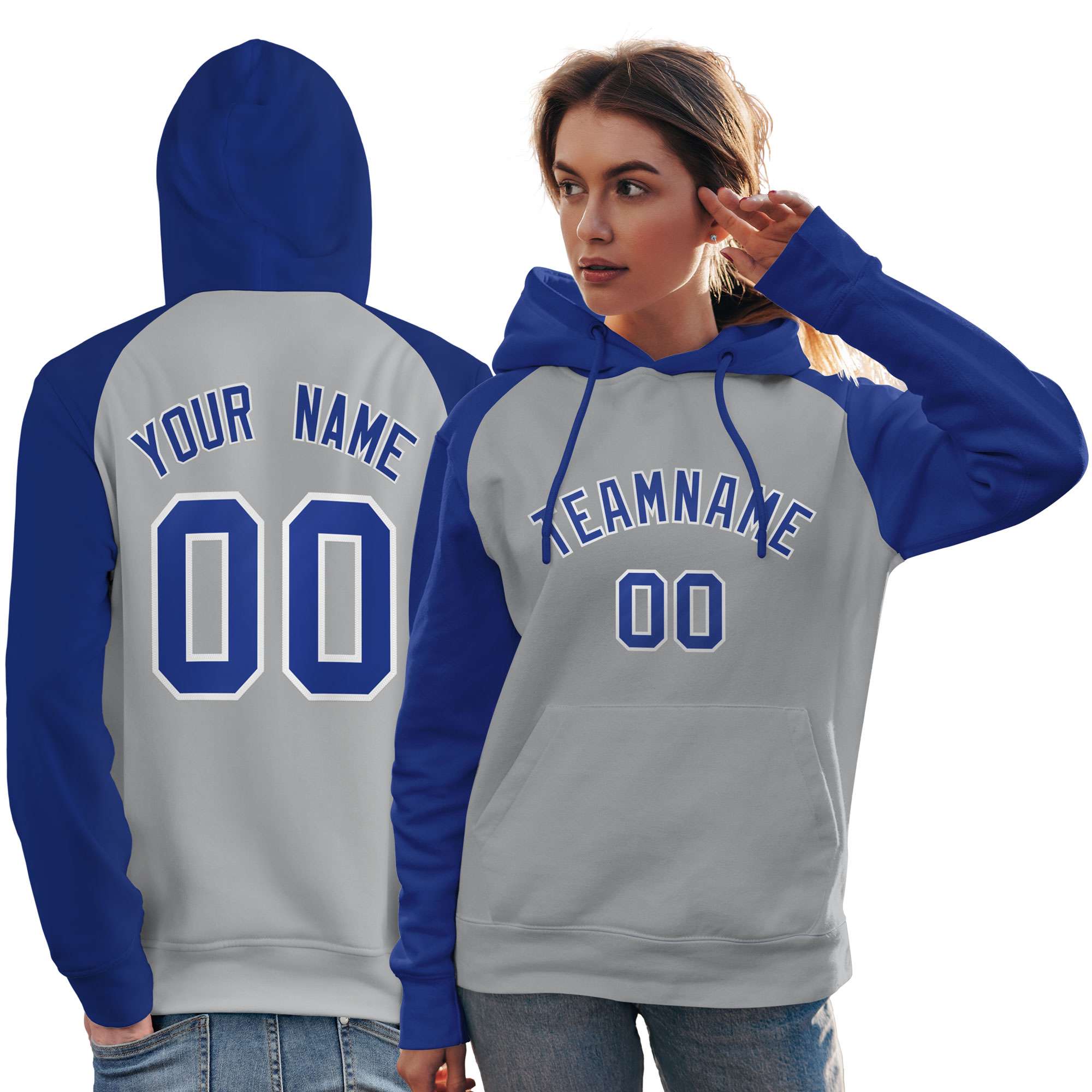 Custom Stitched Gray Royal Raglan Sleeves Sports Pullover Sweatshirt Hoodie For Women