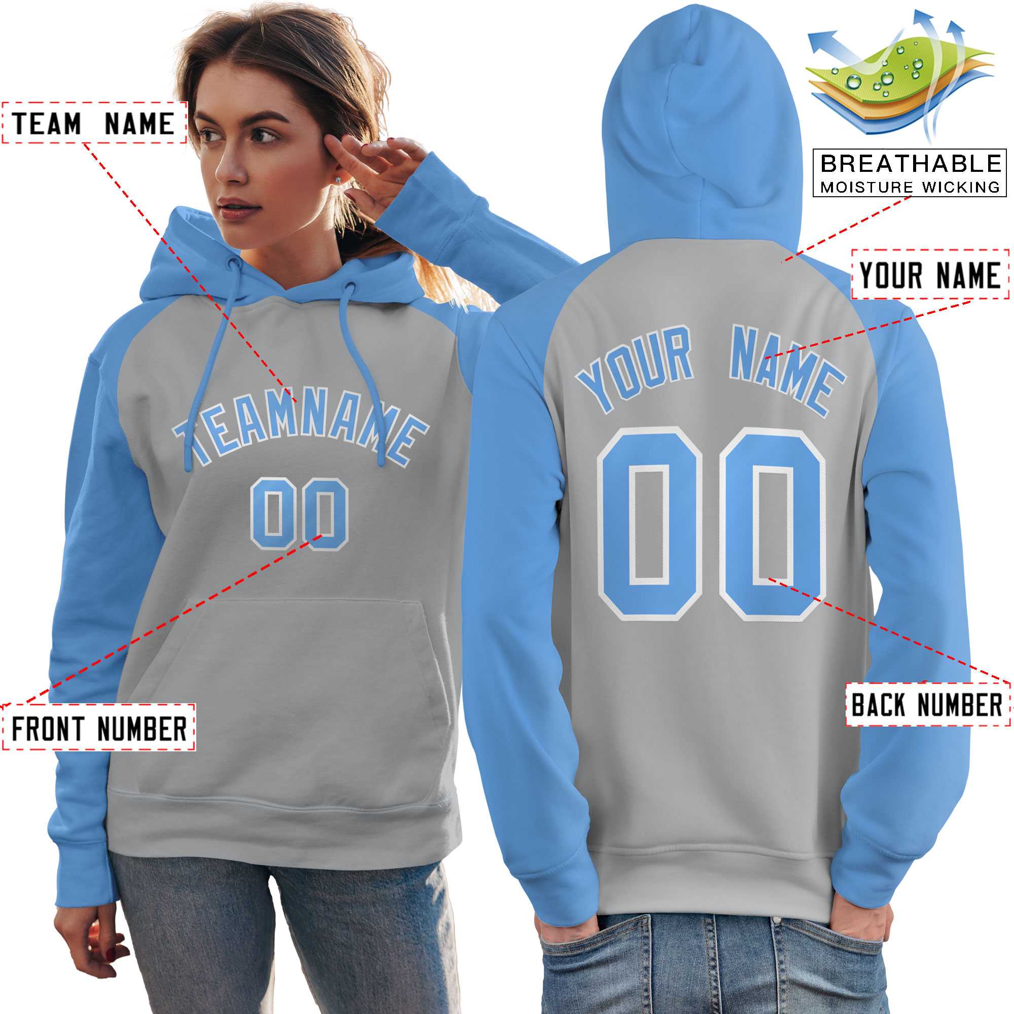 Custom Stitched Gray Powder Blue Raglan Sleeves Sports Pullover Sweatshirt Hoodie For Women