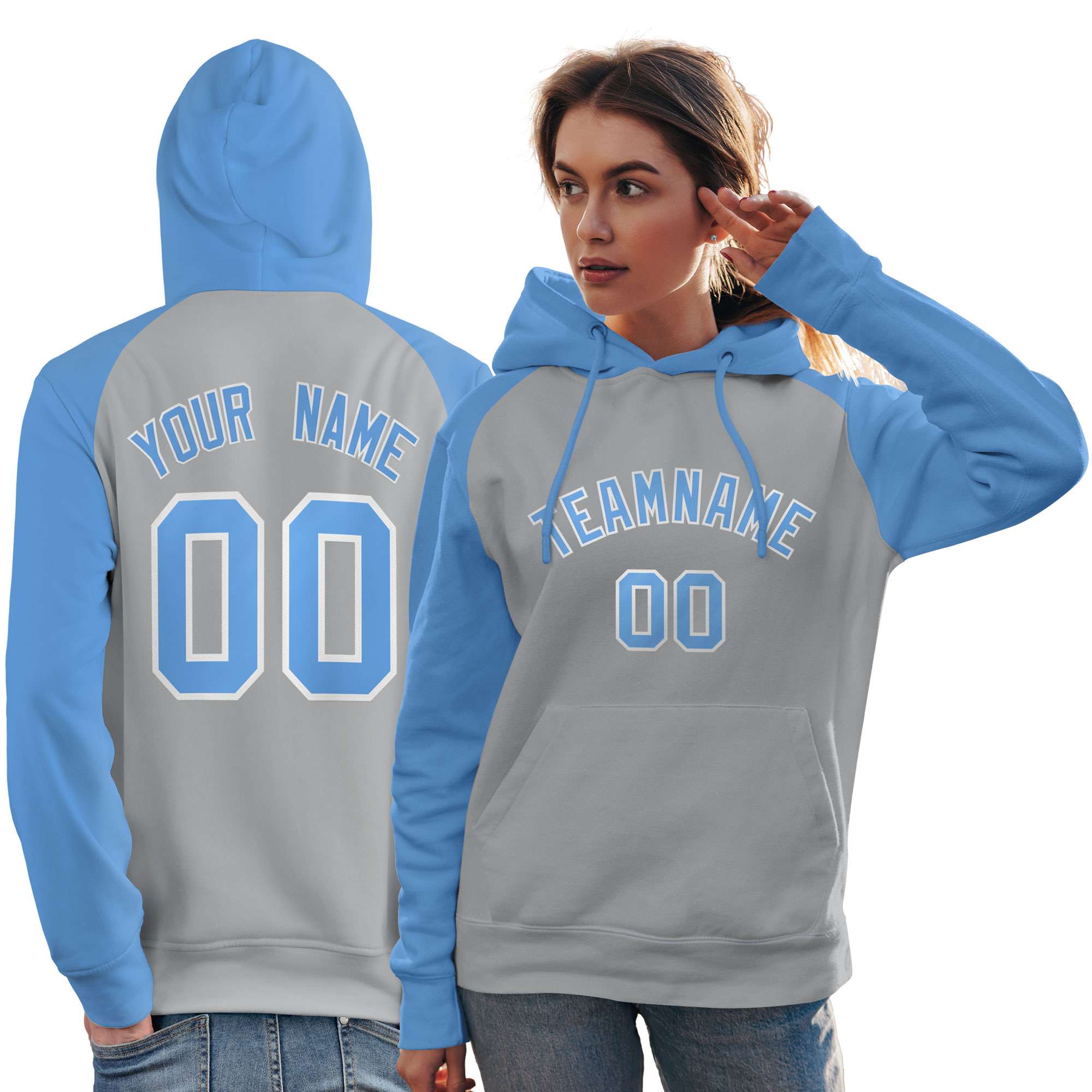 Custom Stitched Gray Powder Blue Raglan Sleeves Sports Pullover Sweatshirt Hoodie For Women