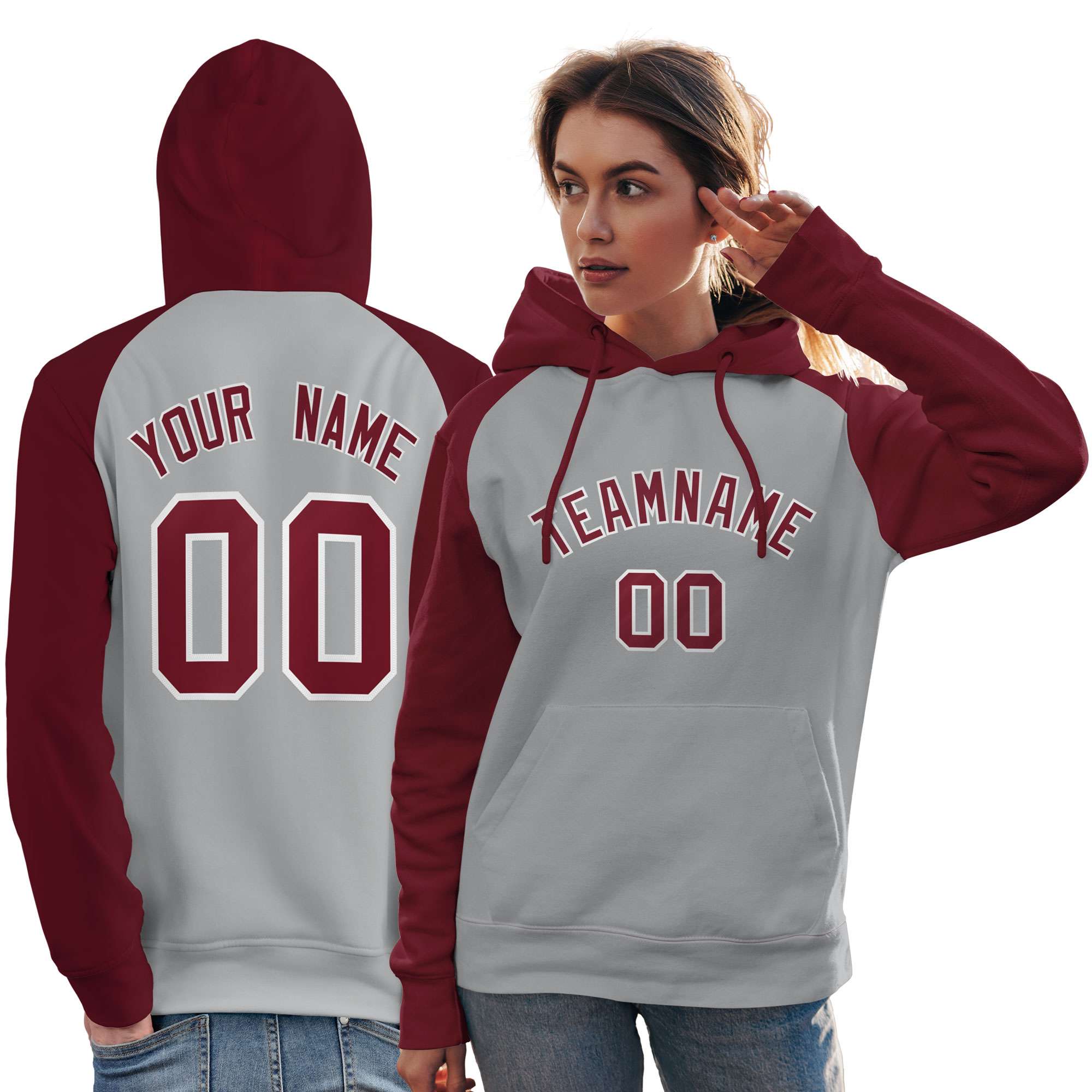 Custom Stitched Gray Crimson Raglan Sleeves Sports Pullover Sweatshirt Hoodie For Women