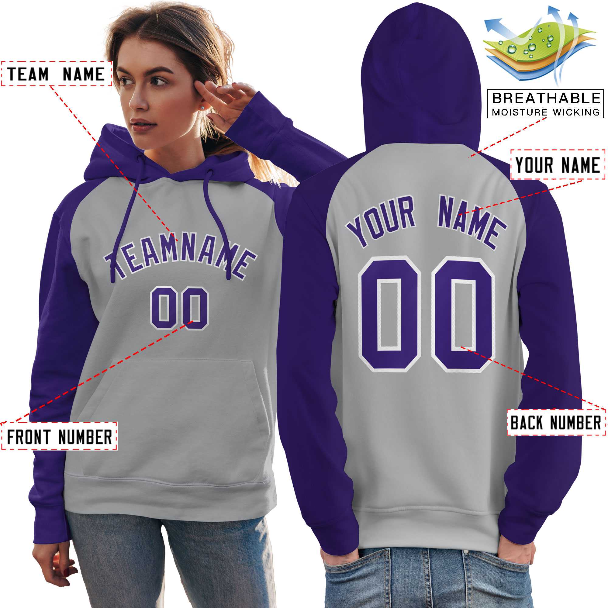 Custom Stitched Gray Purple Raglan Sleeves Sports Pullover Sweatshirt Hoodie For Women