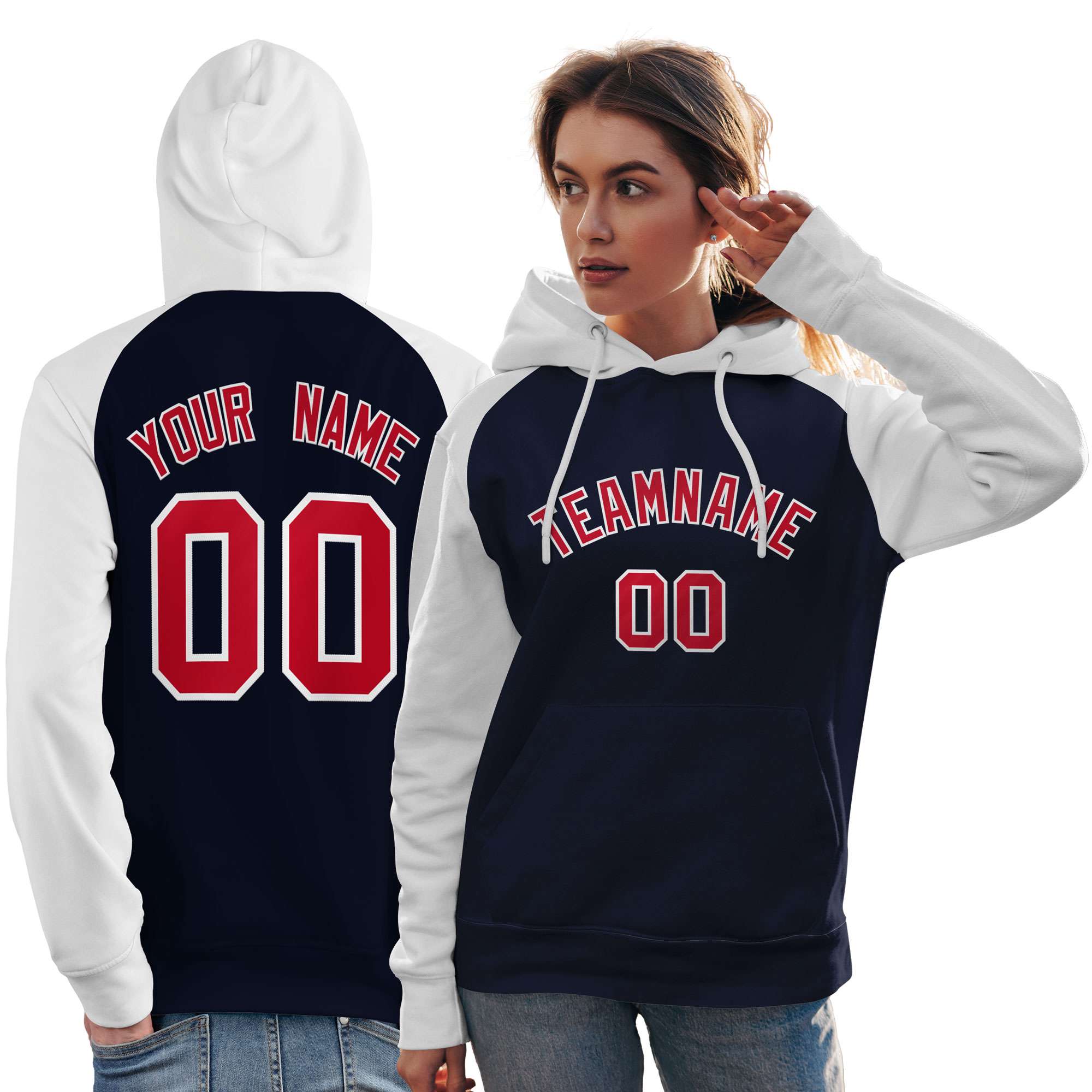 Custom Stitched Navy White-Red Raglan Sleeves Sports Pullover Sweatshirt Hoodie For Women