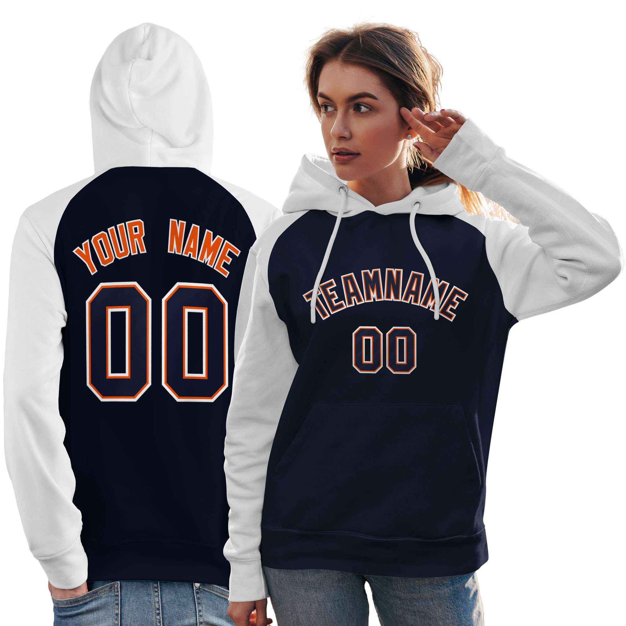 Custom Stitched Navy White Raglan Sleeves Sports Pullover Sweatshirt Hoodie For Women