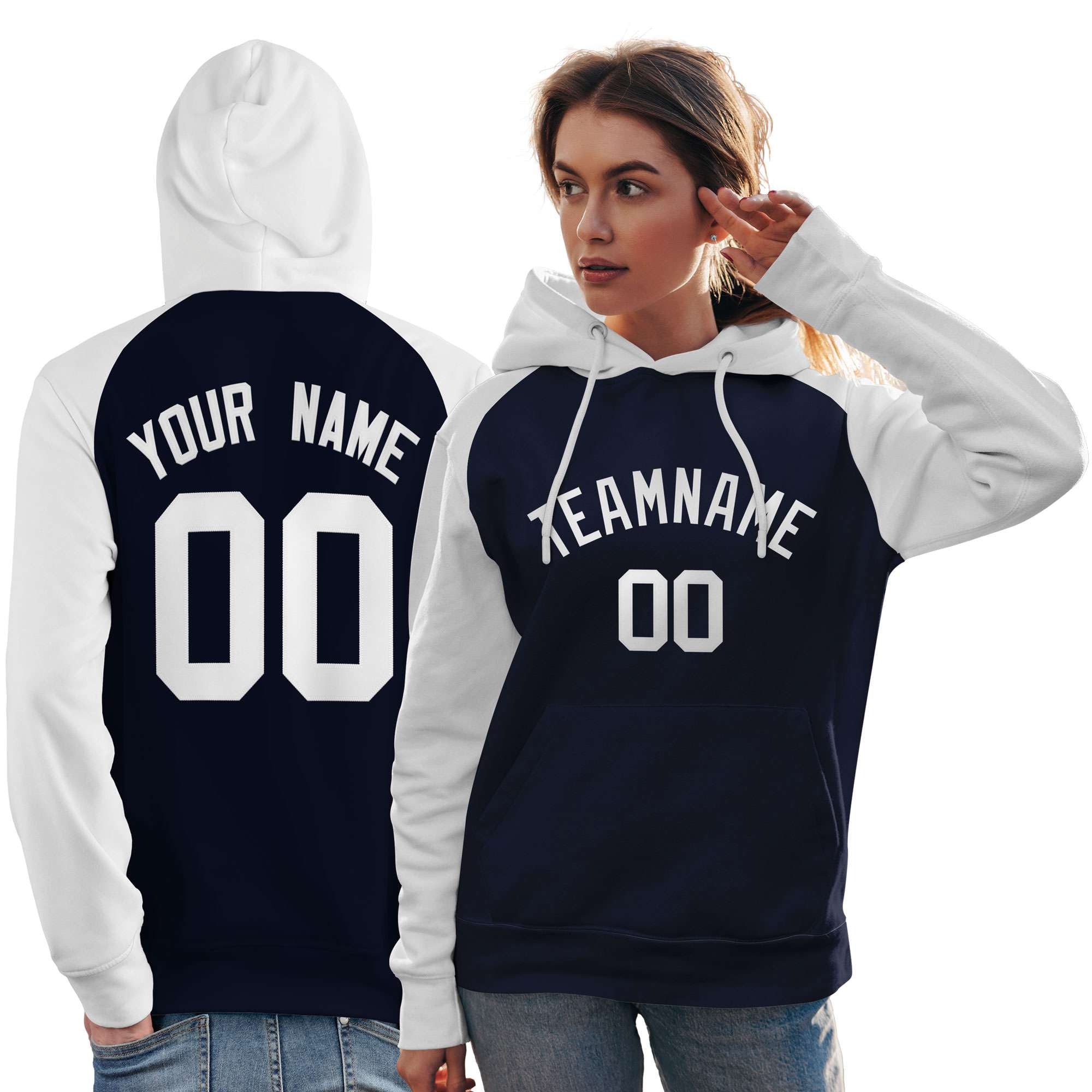 Custom Stitched Navy White Raglan Sleeves Sports Pullover Sweatshirt Hoodie For Women