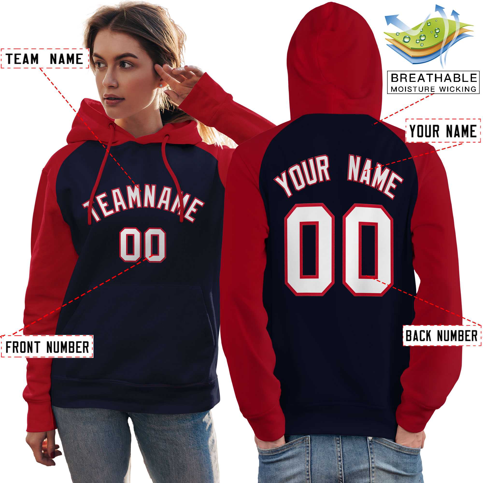 Custom Stitched Navy Red-White Raglan Sleeves Sports Pullover Sweatshirt Hoodie For Women