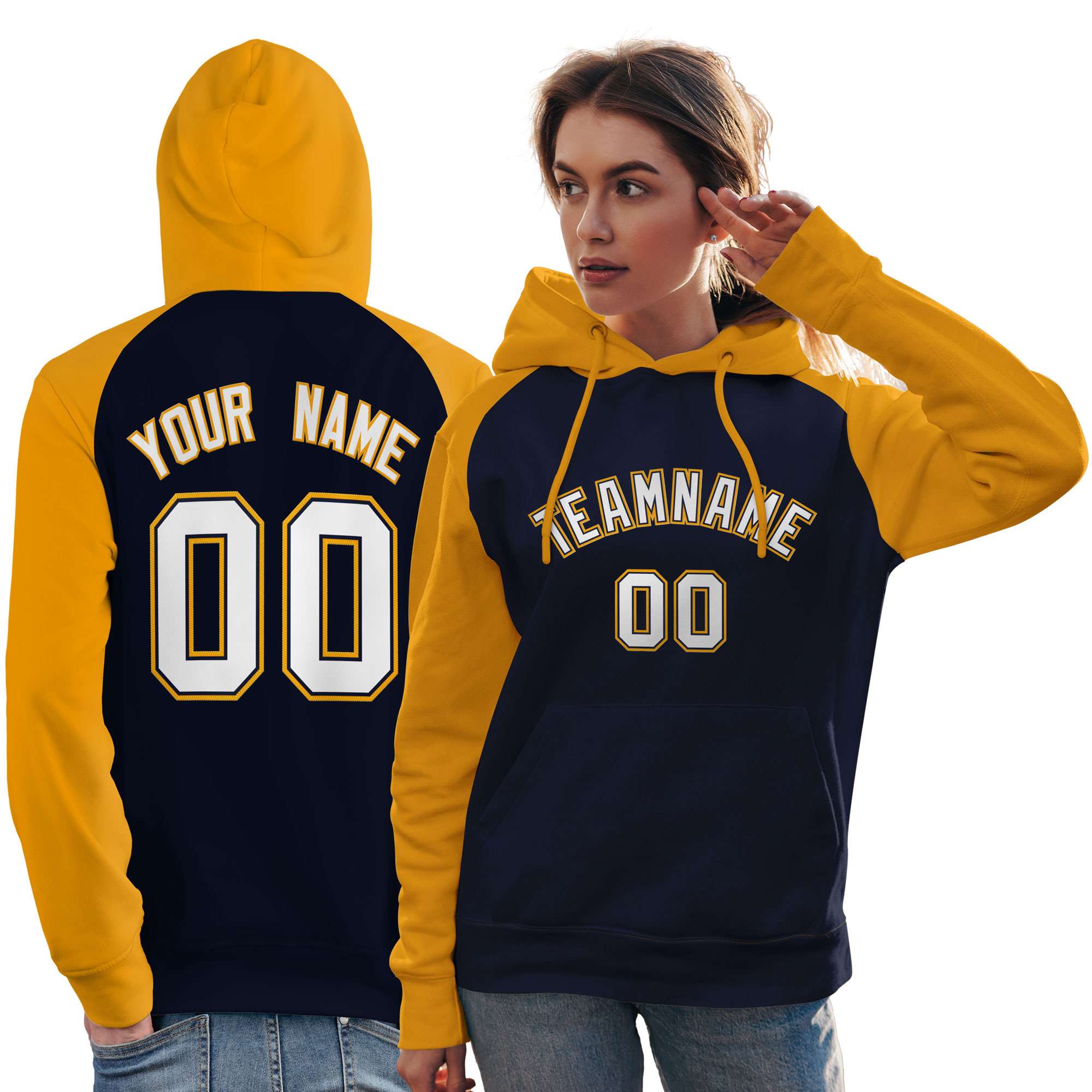 Custom Stitched Navy Gold-White Raglan Sleeves Sports Pullover Sweatshirt Hoodie For Women