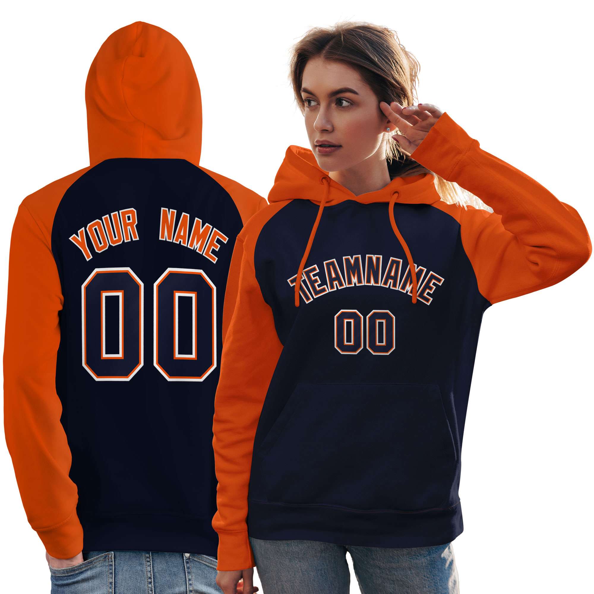 Custom Stitched Navy Orange Raglan Sleeves Sports Pullover Sweatshirt Hoodie For Women