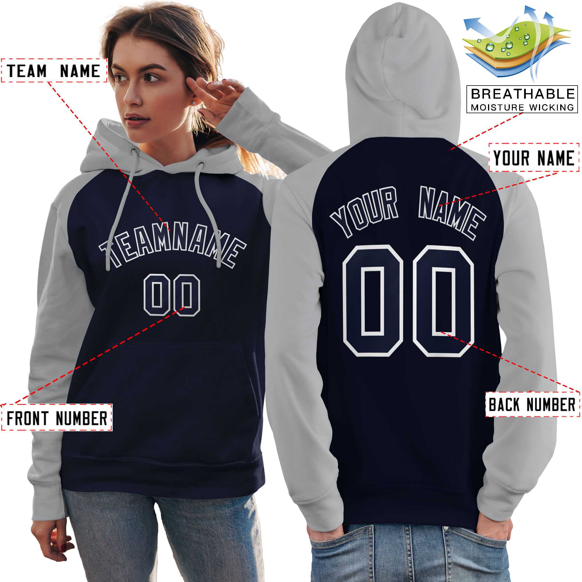 Custom Stitched Navy Gray Raglan Sleeves Sports Pullover Sweatshirt Hoodie For Women