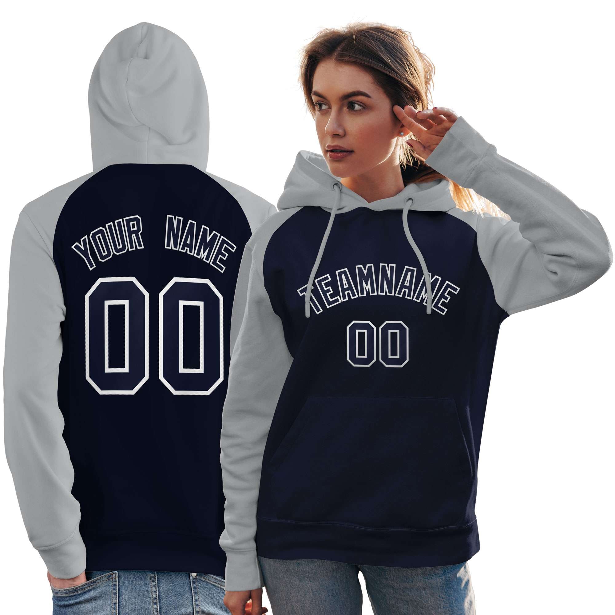 Custom Stitched Navy Gray Raglan Sleeves Sports Pullover Sweatshirt Hoodie For Women