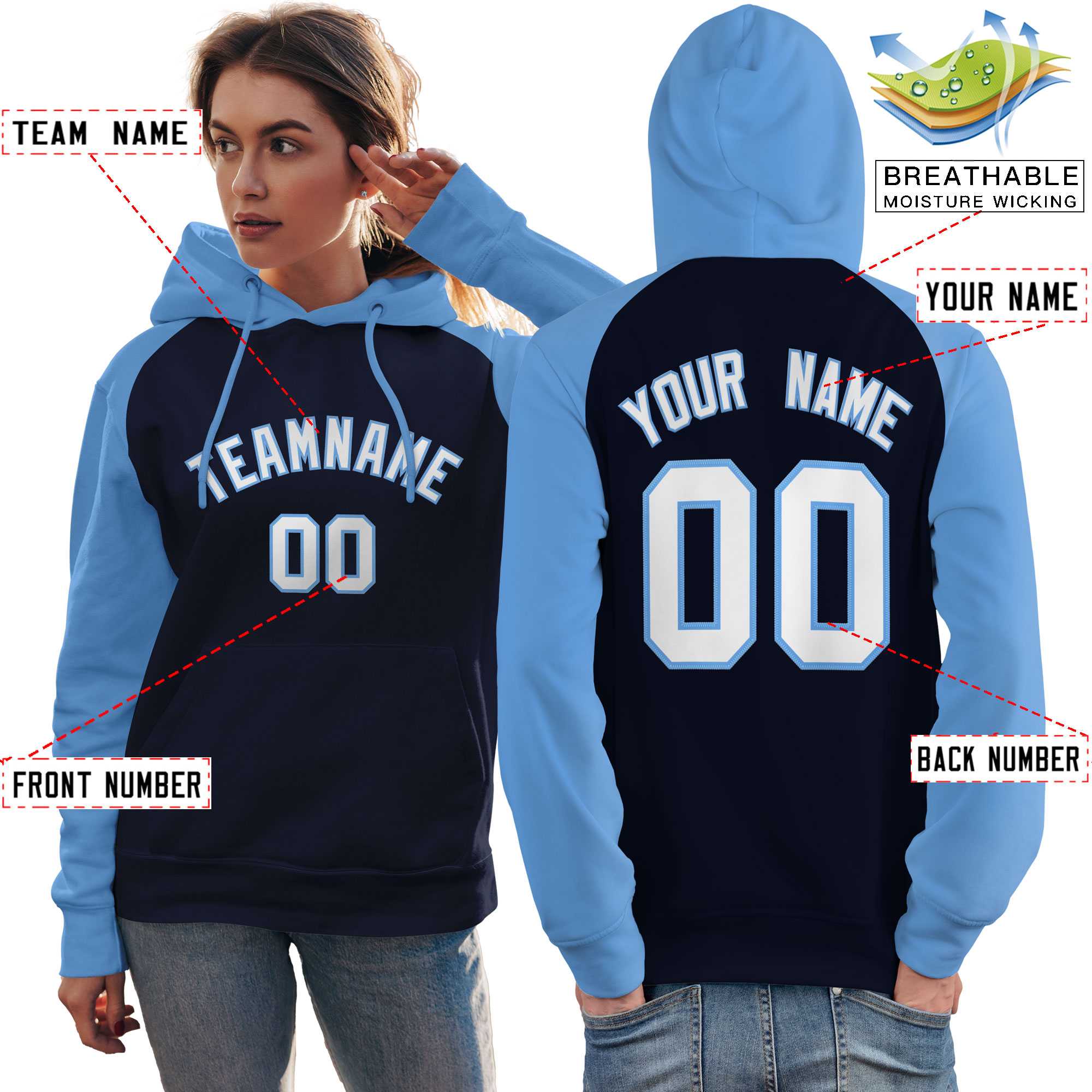 Custom Stitched Navy Powder Blue-White Raglan Sleeves Sports Pullover Sweatshirt Hoodie For Women