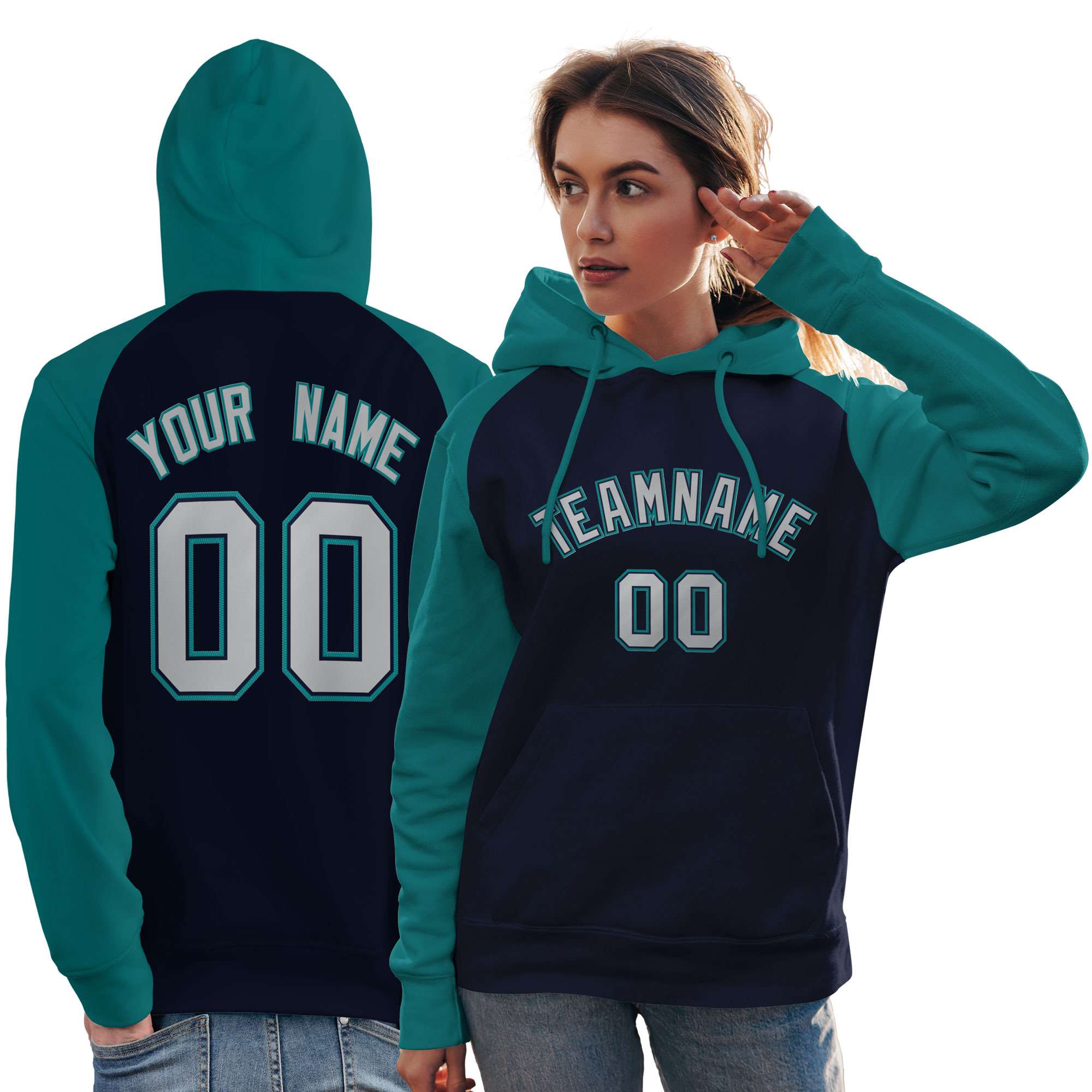 Custom Stitched Navy Aqua-Gray Raglan Sleeves Sports Pullover Sweatshirt Hoodie For Women