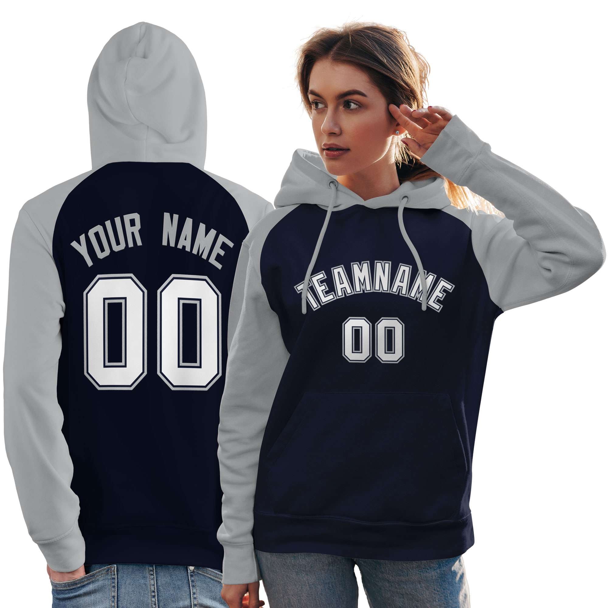 Custom Stitched Navy Gray-White Raglan Sleeves Sports Pullover Sweatshirt Hoodie For Women