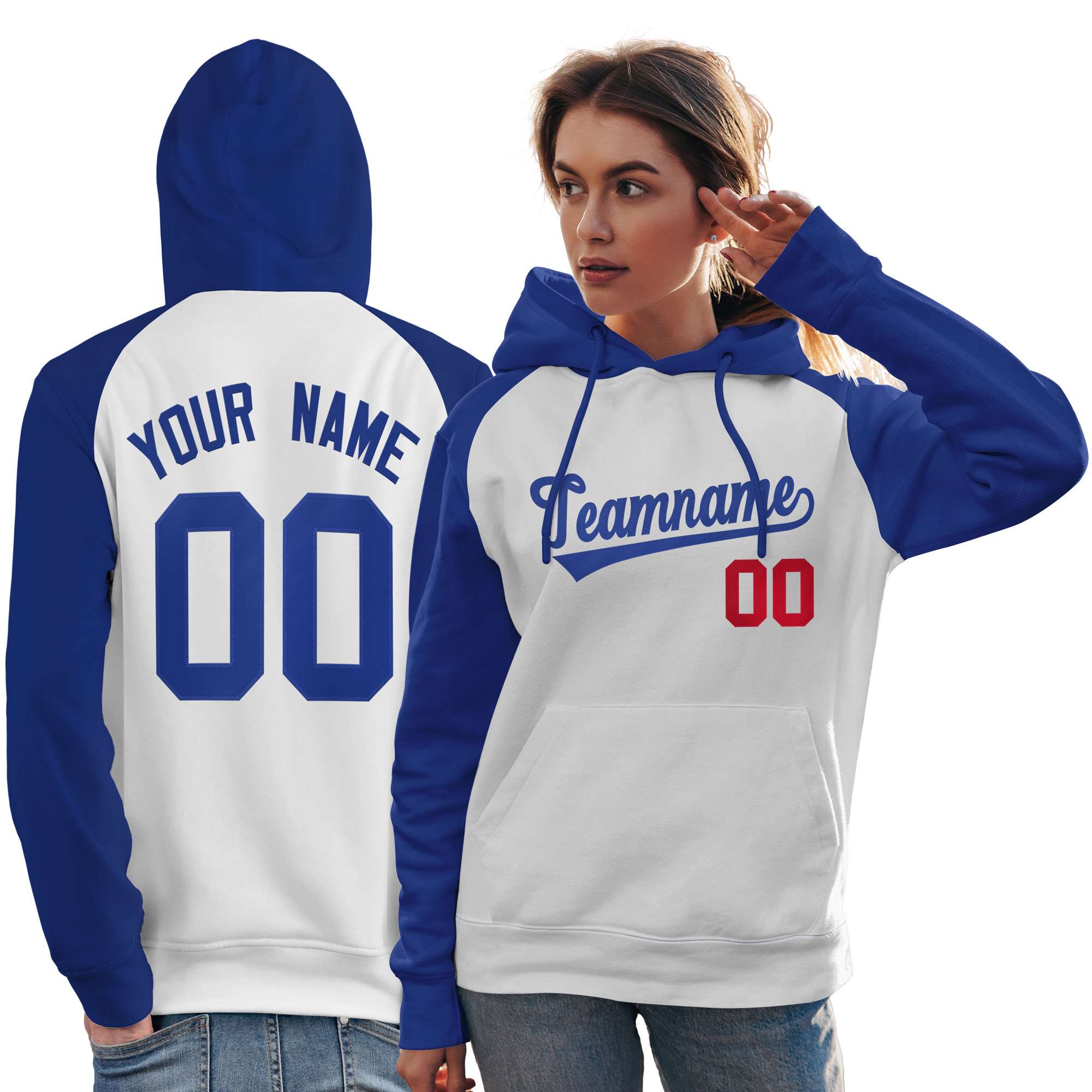 Custom Stitched White Royal Raglan Sleeves Sports Pullover Sweatshirt Hoodie For Women