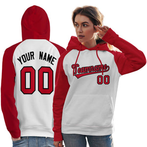 Custom Stitched White Red Raglan Sleeves Sports Pullover Sweatshirt Hoodie For Women