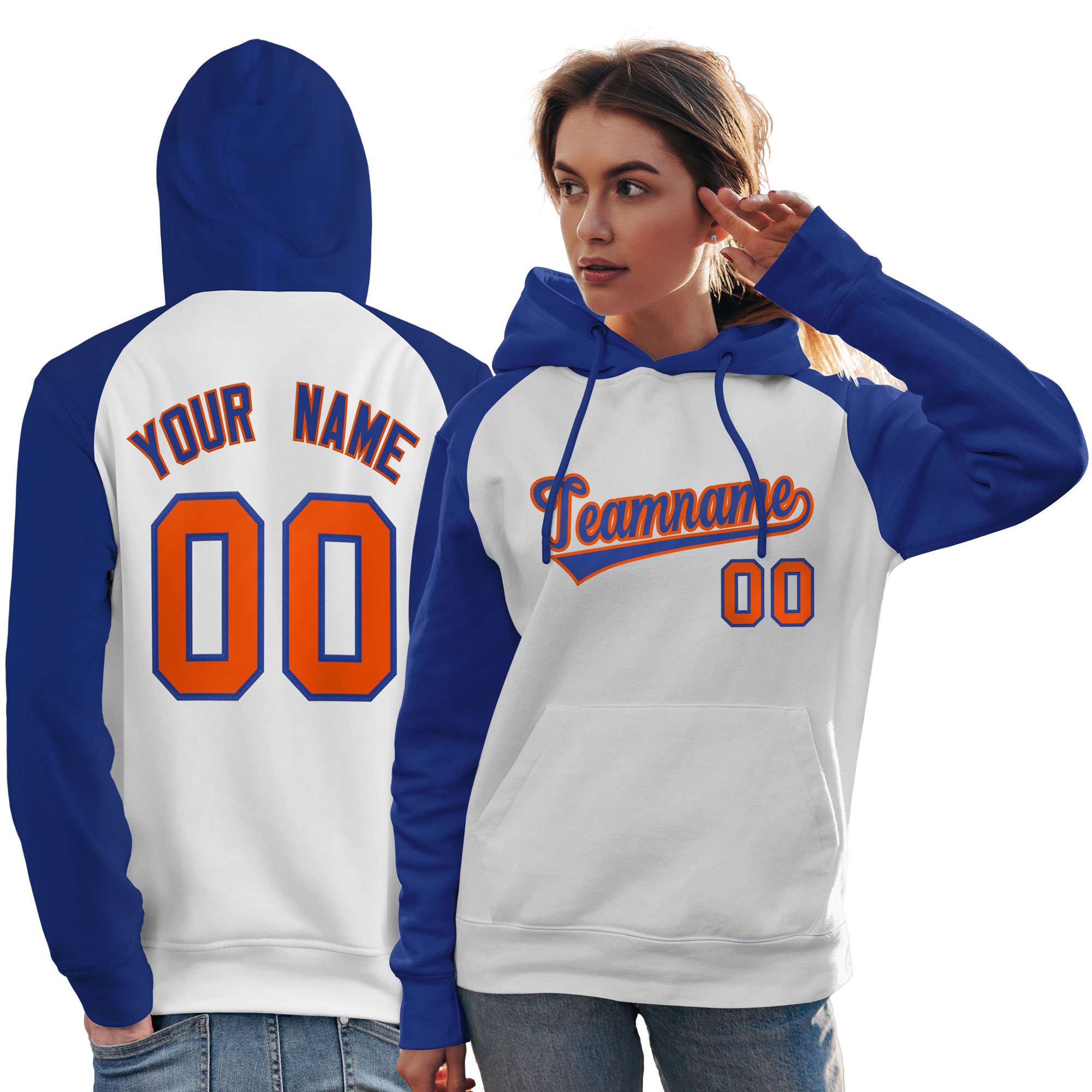 Custom Stitched White Royal Raglan Sleeves Sports Pullover Sweatshirt Hoodie For Women