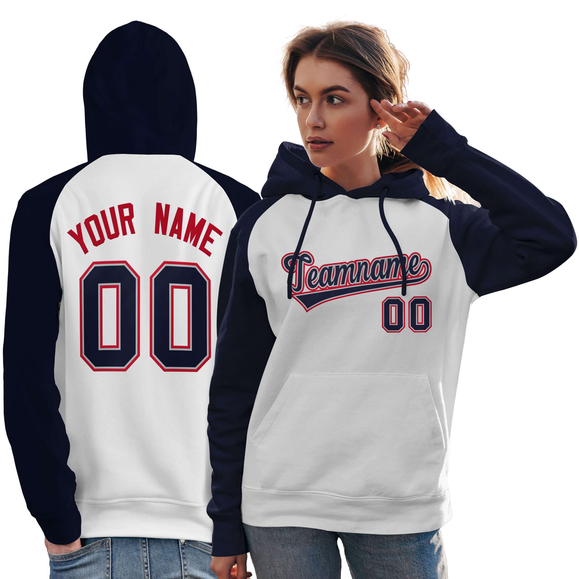 Custom Stitched White Navy Raglan Sleeves Sports Pullover Sweatshirt Hoodie For Women