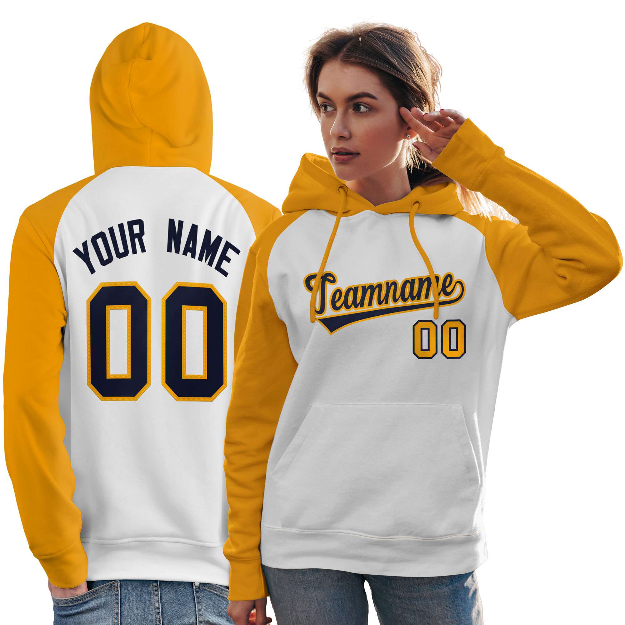 Custom Stitched White Gold-Navy Raglan Sleeves Sports Pullover Sweatshirt Hoodie For Women