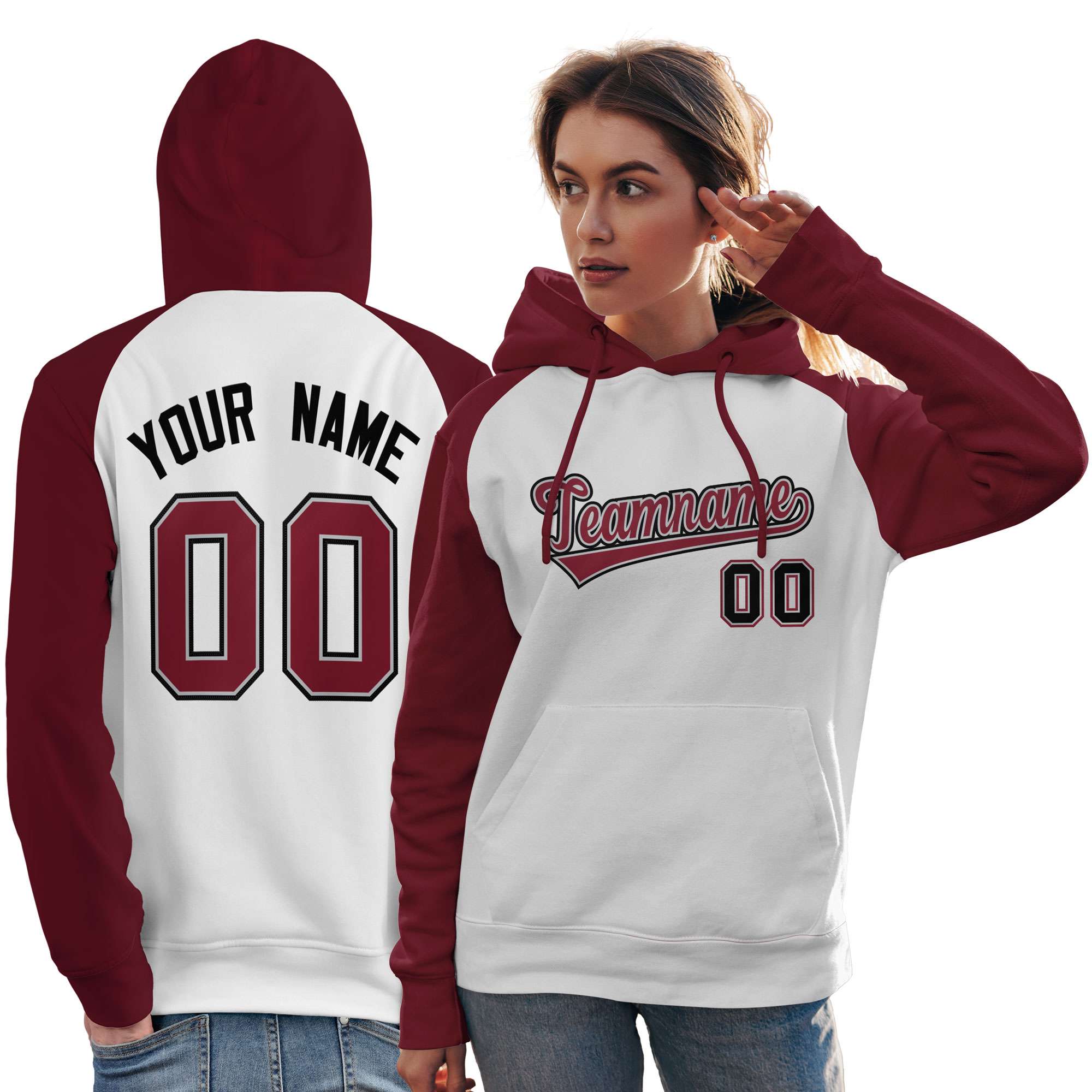 Custom Stitched White Crimson Raglan Sleeves Sports Pullover Sweatshirt Hoodie For Women