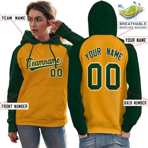 Custom Stitched Gold Green Raglan Sleeves Sports Pullover Sweatshirt Hoodie For Women