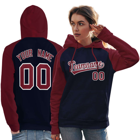 Custom Stitched Navy Crimson Raglan Sleeves Sports Pullover Sweatshirt Hoodie For Women