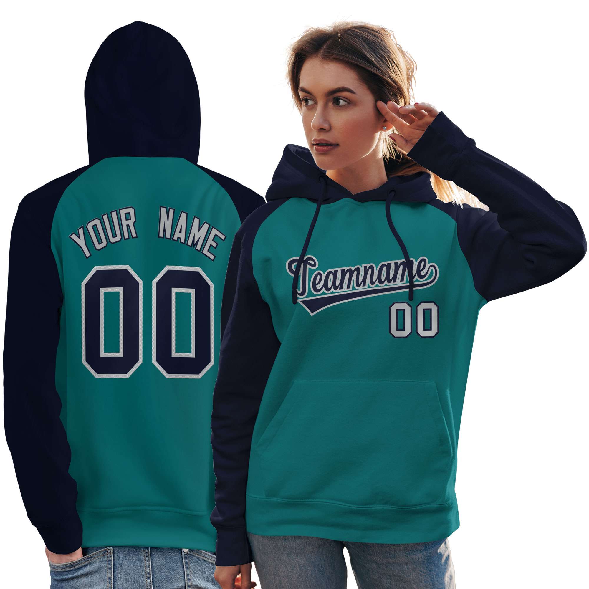 Custom Stitched Aqua Navy Raglan Sleeves Sports Pullover Sweatshirt Hoodie For Women