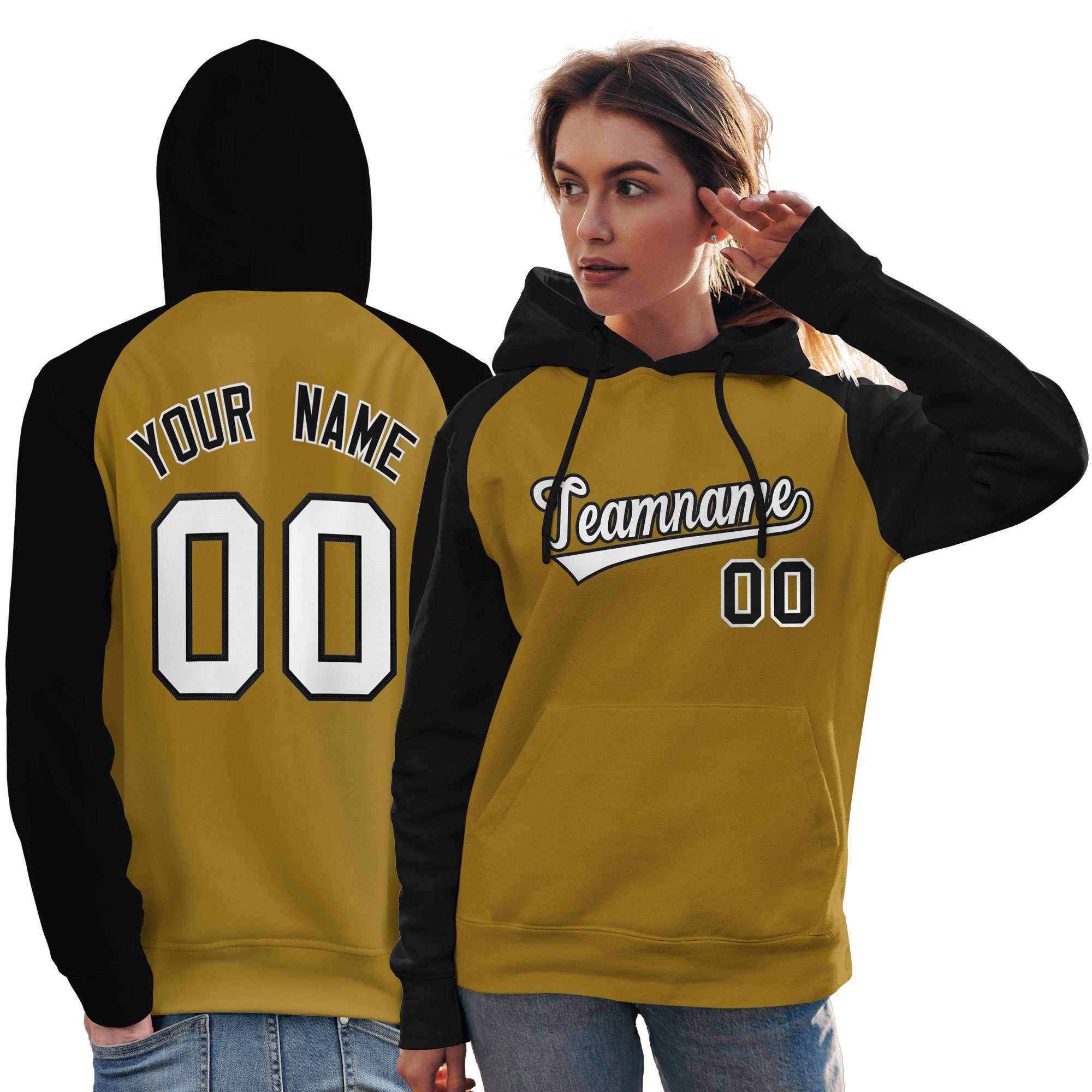 Custom Stitched Old Gold Black-White Raglan Sleeves Sports Pullover Sweatshirt Hoodie For Women