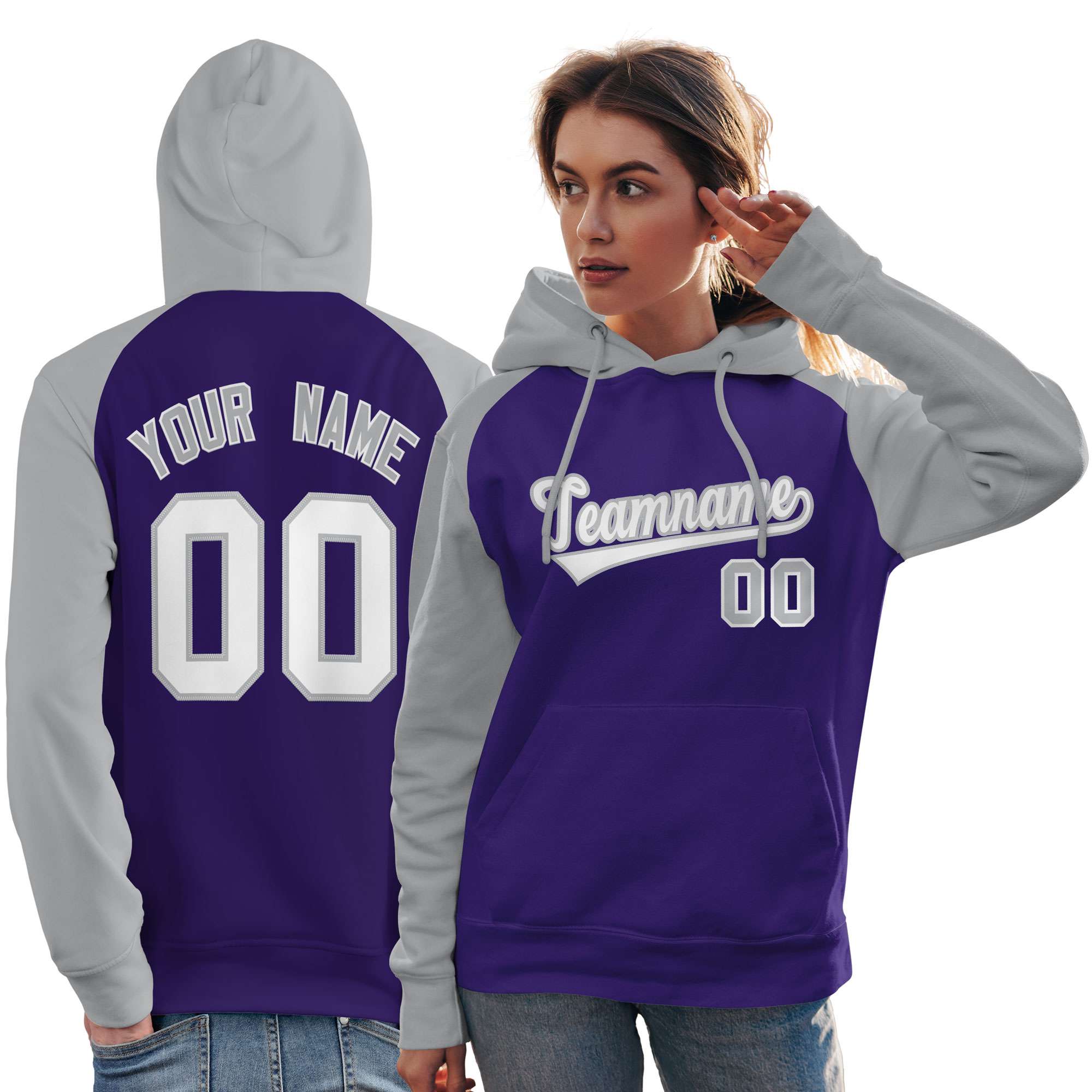 Custom Stitched Purple Gray-White Raglan Sleeves Sports Pullover Sweatshirt Hoodie For Women