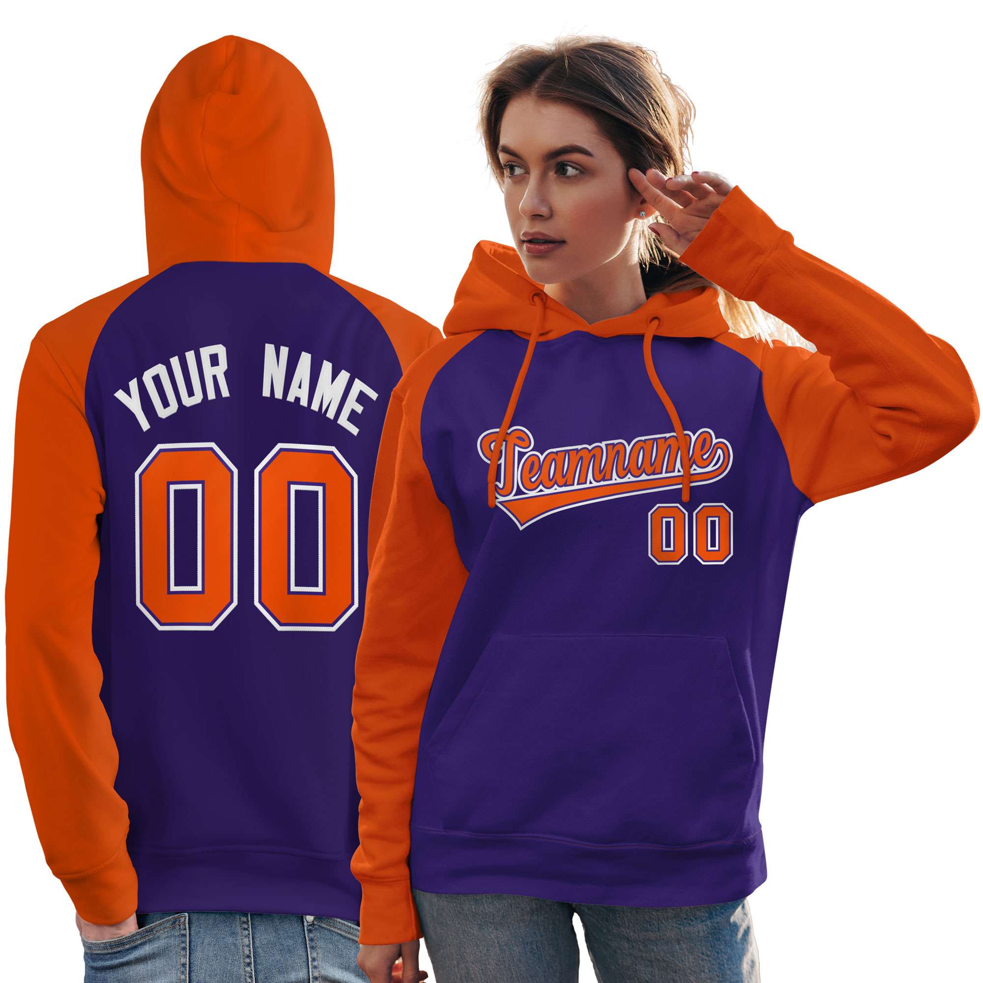 Custom Stitched Purple Orange Raglan Sleeves Sports Pullover Sweatshirt Hoodie For Women